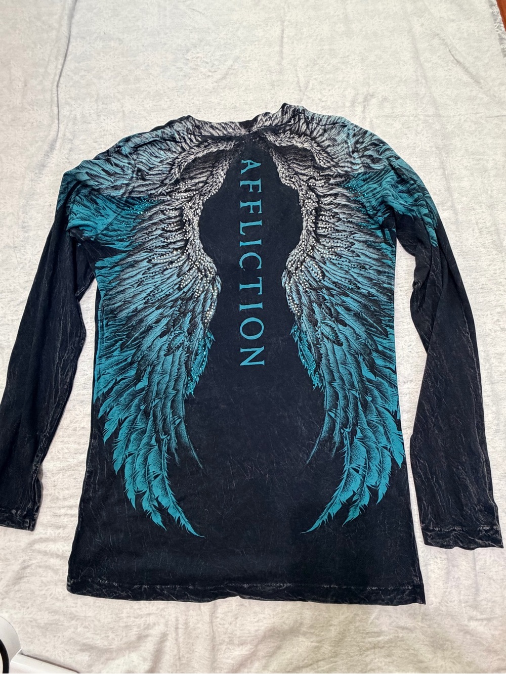 Affliction Live Fast Women’s XL Angel Wings Rhinestone Long Sleeve Shirt Y2K